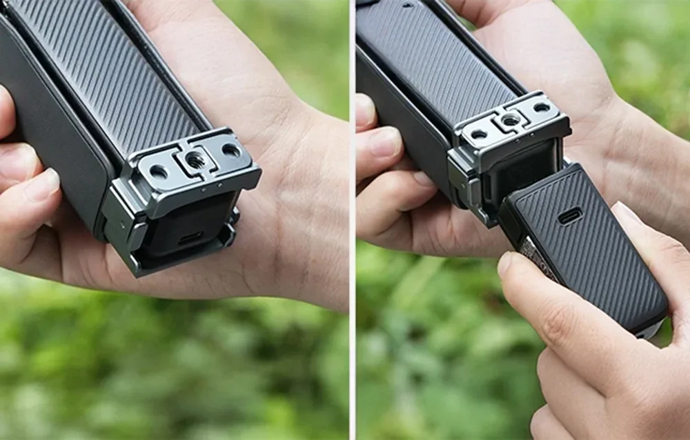 Dwa ujęcia prezentujące demontaż dolnego modułu kamery DJI Pocket z zamontowanym uchwytem Sunnylife BK016