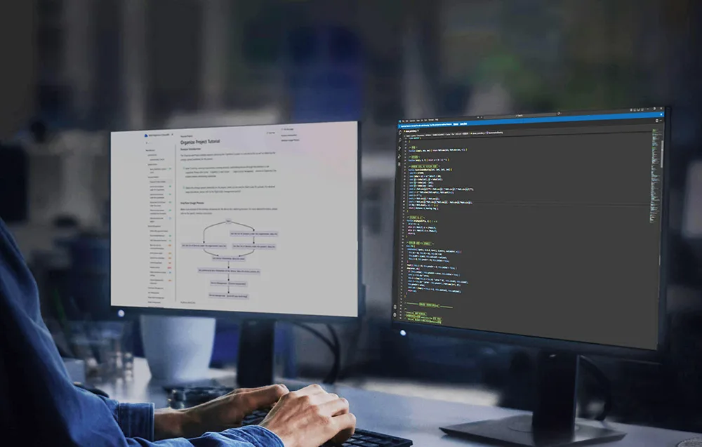 Osoba przy dwóch monitorach z diagramem i kodem programu, ręce na klawiaturze
