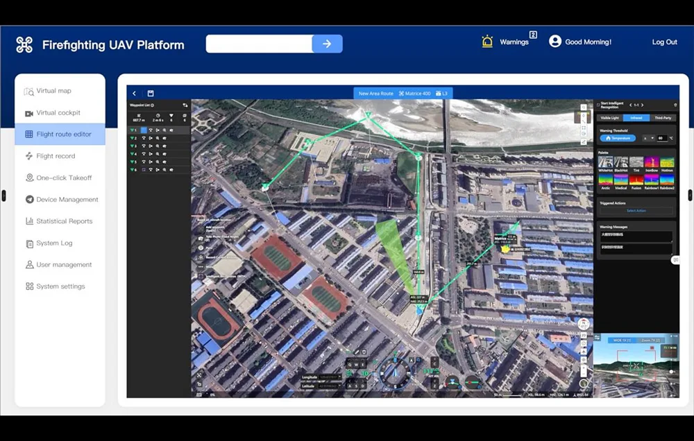 Interfejs programu do zarządzania lotami z mapami lotów nad obszarem miejskim