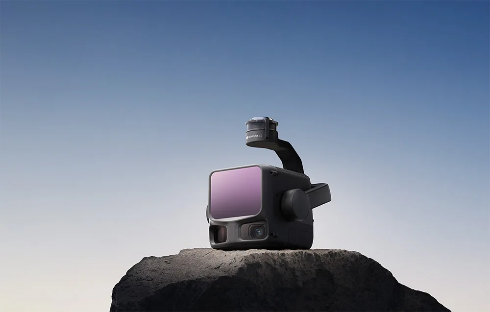 DJI Zenmuse L3 camera displayed on a rock against a gradient background