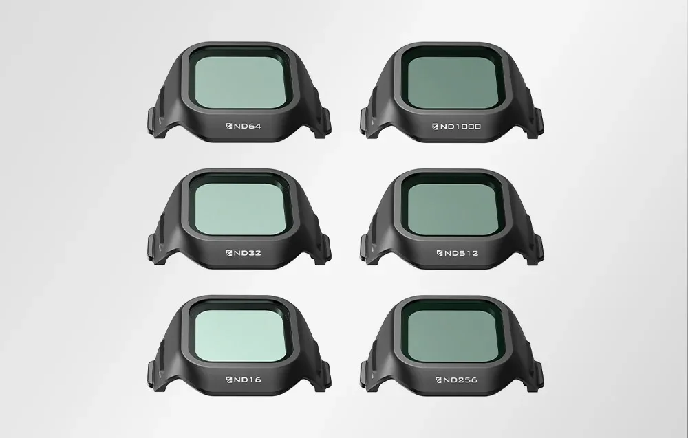 Widok z góry na sześć filtrów ND do drona - ND16, ND32, ND64, ND256, ND512 i ND1000 z miętowymi szkłami
