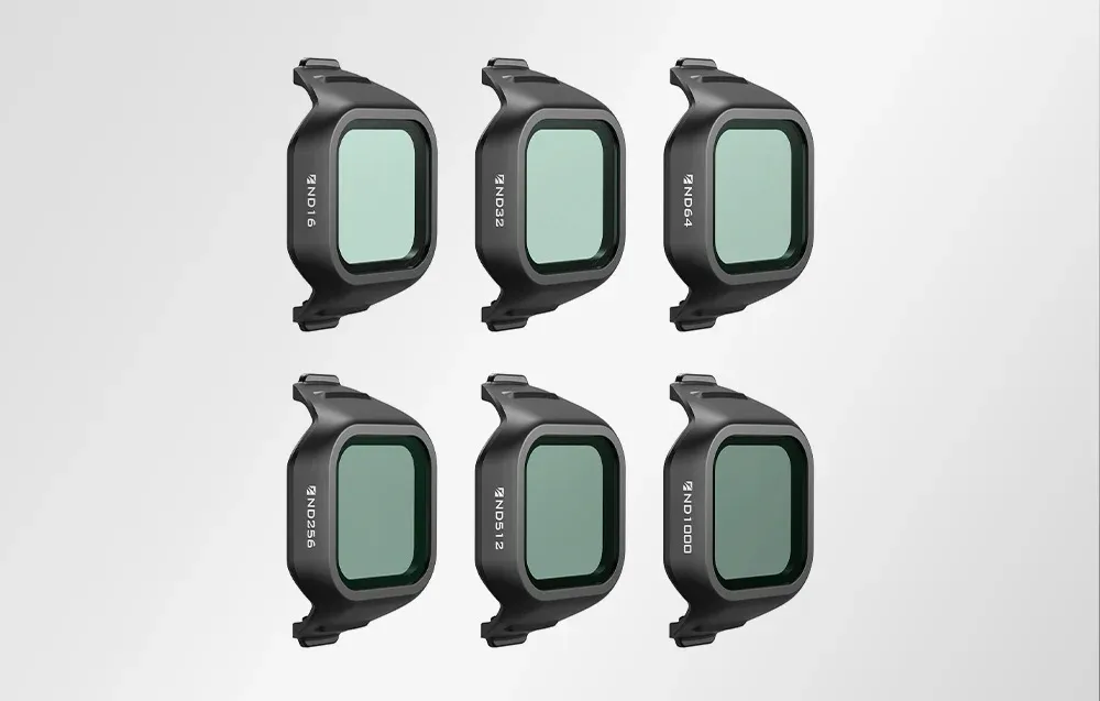 Sześć filtrów ND do drona z miętowymi szkłami - ND16, ND32, ND64, ND256, ND512 i ND1000 w czarnych oprawkach