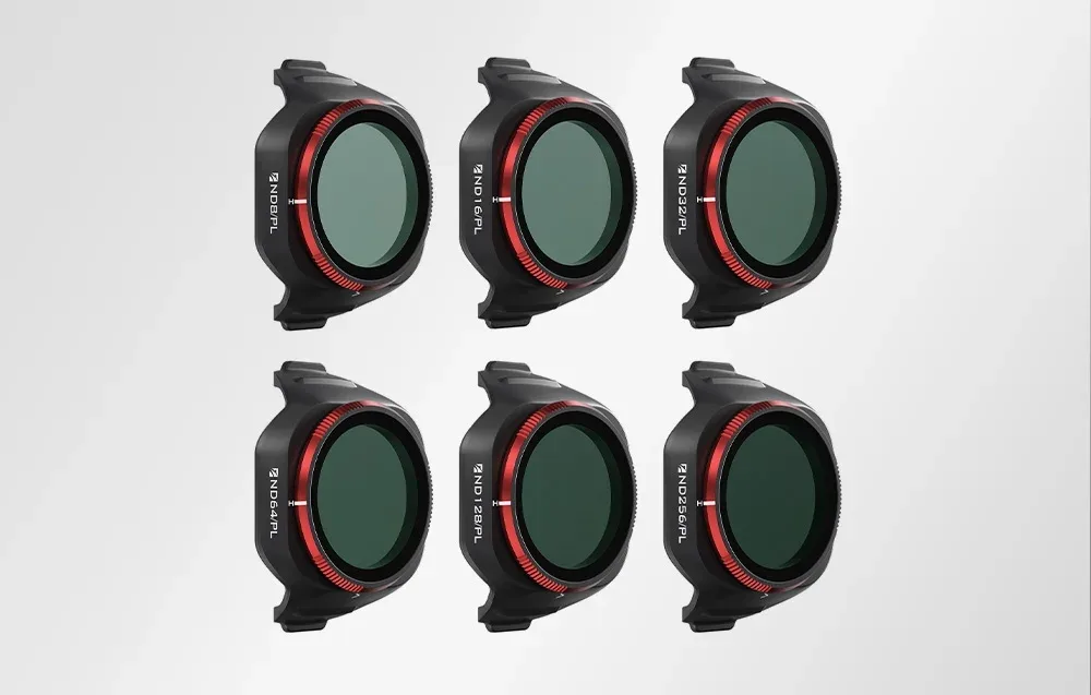 Шість фільтрів ND/PL Freewell для DJI Mini 5 Pro з червоними рамками та поляризаційним склом