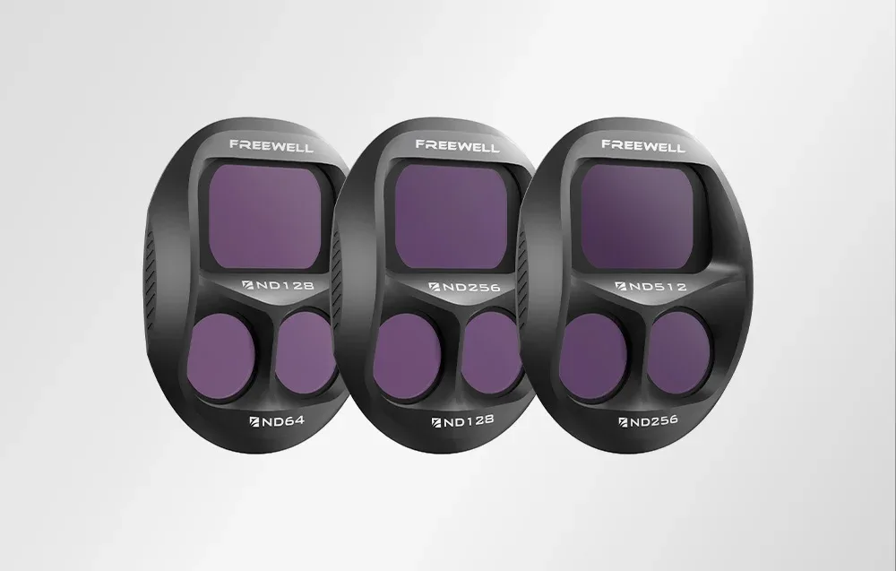 Three Freewell ND filters for DJI Mavic 4 Pro arranged in a row