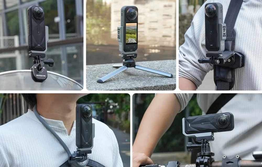 Examples of Sunnylife action camera mounting options on a helmet, tripod, chest harness, and handlebar