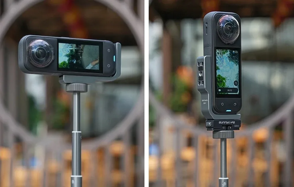 Insta360 camera on an extension pole mounted in both horizontal and vertical orientation using the Sunnylife holder