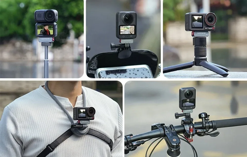 Action camera mounted on the SunnyLife adapter in different use scenarios such as biking, tripod, and harness setup