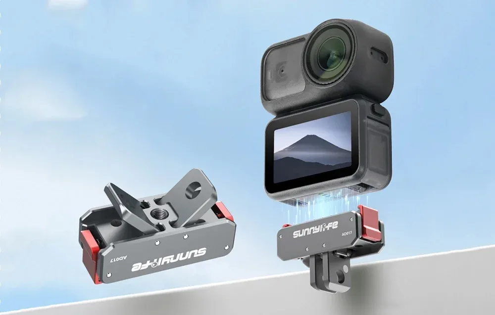 SunnyLife magnetic action camera adapter with quick-release mounting system on a white background