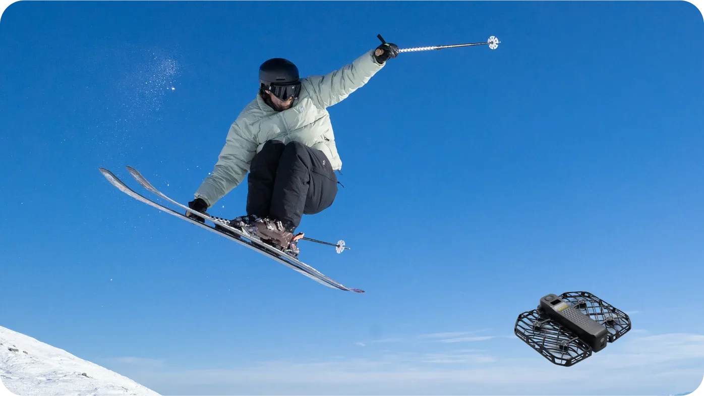 HoverAir X1 PRO Ski Mode tracking in snowy conditions