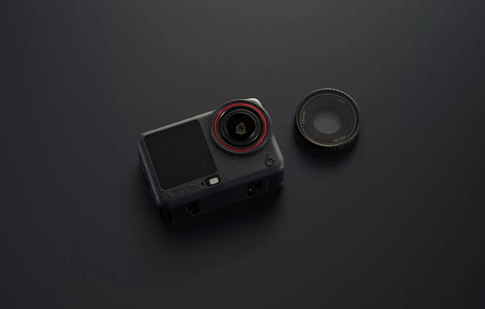 DJI Osmo Action 6 camera next to the glass lens protector