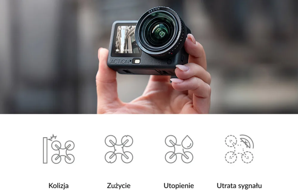 Крупний план екшн-камери DJI Osmo Action 6 в руці та піктограми можливих пошкоджень