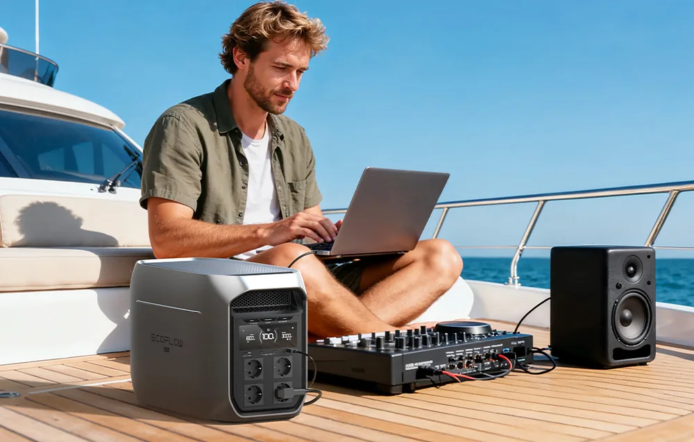 Man working on a yacht with a laptop and DJ equipment powered by the EcoFlow DELTA 3 Max Plus.