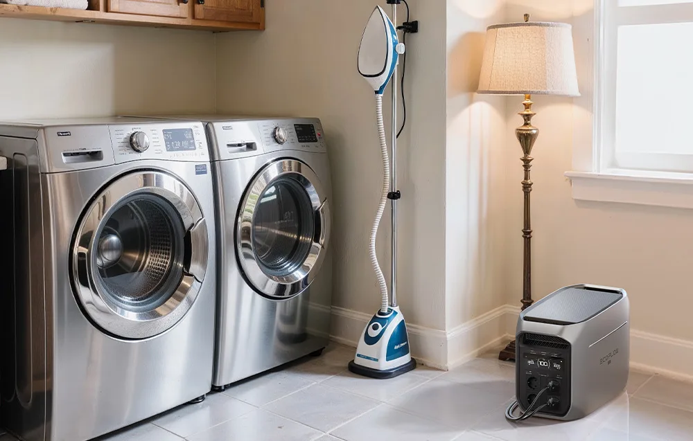EcoFlow power station in a laundry room next to washing machines and a garment steamer by a floor lamp.