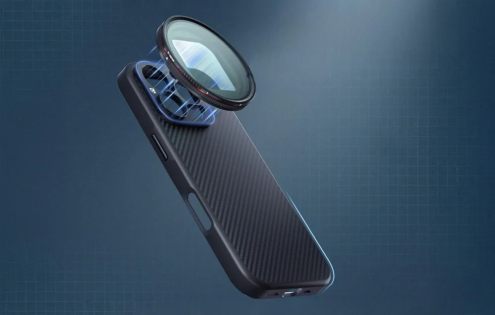 Freewell Kevlar iPhone 16 Pro Max case with mounted round wide-angle lens on a blue background