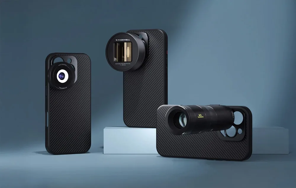 Freewell iPhone 16 Pro Max filmmaker cases with interchangeable wide-angle, anamorphic, and telephoto lenses