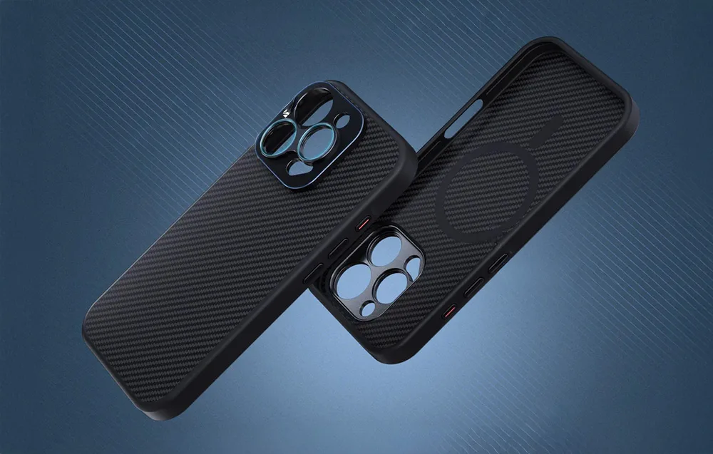 Two black Kevlar iPhone 16 Pro Max cases placed at an angle showing camera cutouts and side buttons