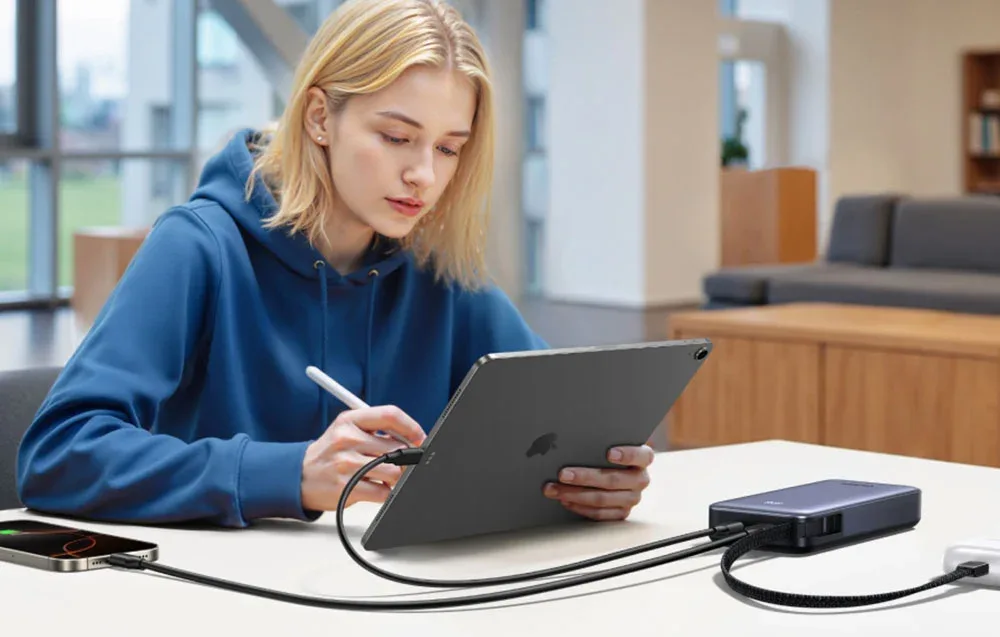 Woman using a tablet at a table with the UGREEN power bank charging multiple devices.