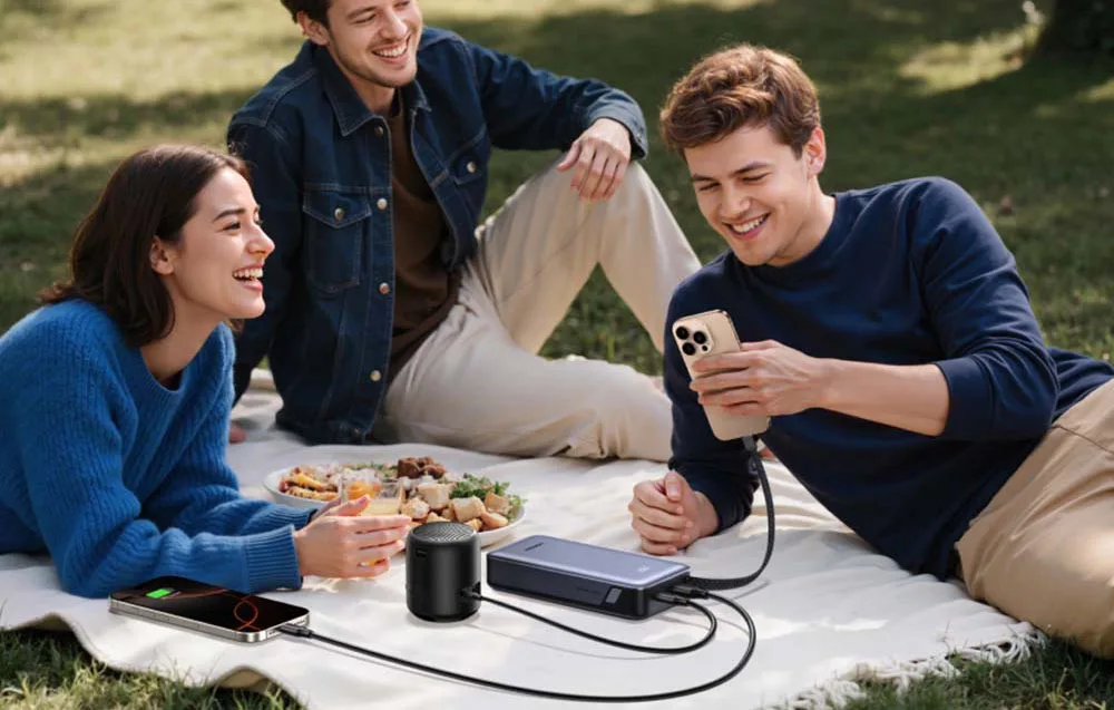 Friends on a picnic with the UGREEN power bank charging two smartphones and a speaker.