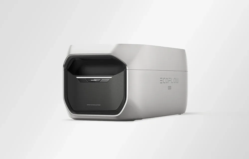 EcoFlow battery module with a black front panel and silver housing, side view.