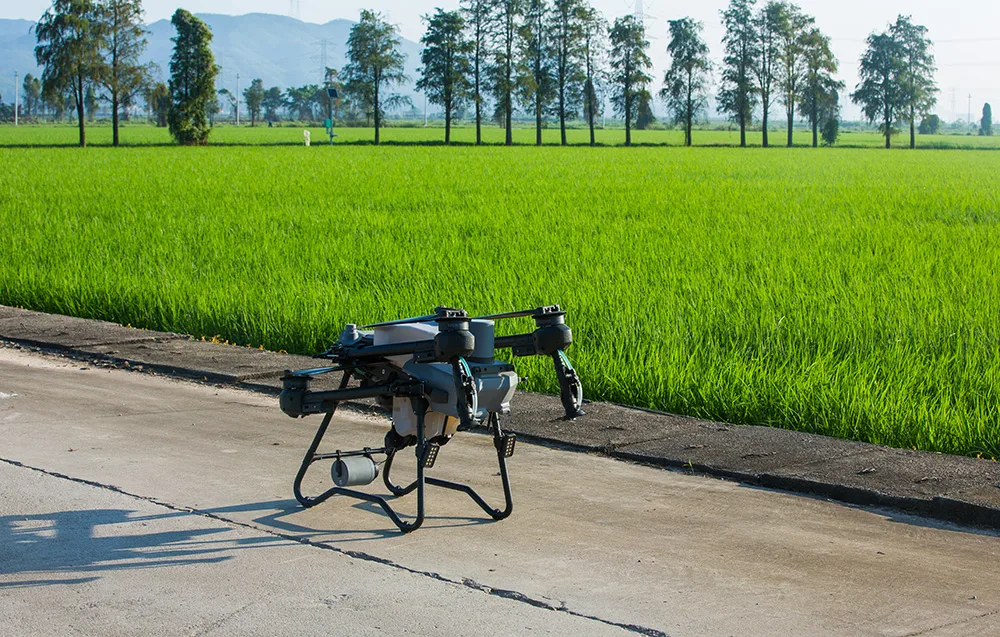 Dron rolniczy DJI Agras T25P ustawiony na drodze obok zielonej trawy