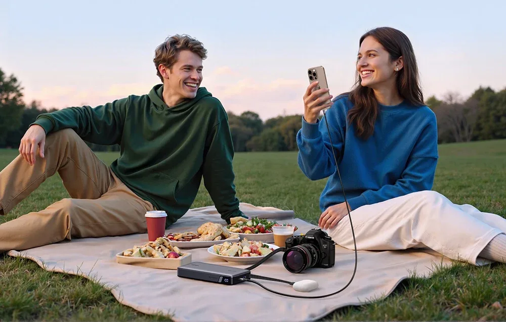 Uśmiechnięta para na pikniku, do powerbanka leżącego na kocu podłączono słuchawki, aparat i smartfon