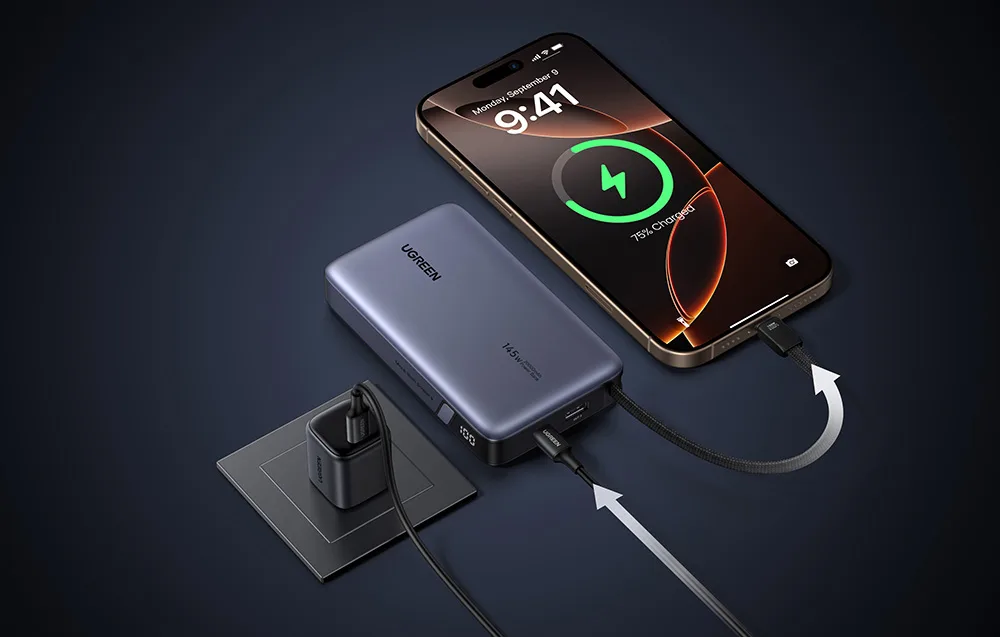UGREEN power bank connected to power and charging a smartphone