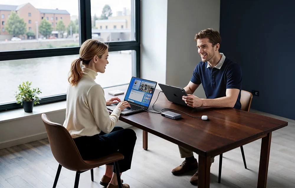 Two people at a table with laptops connected to the UGREEN power bank