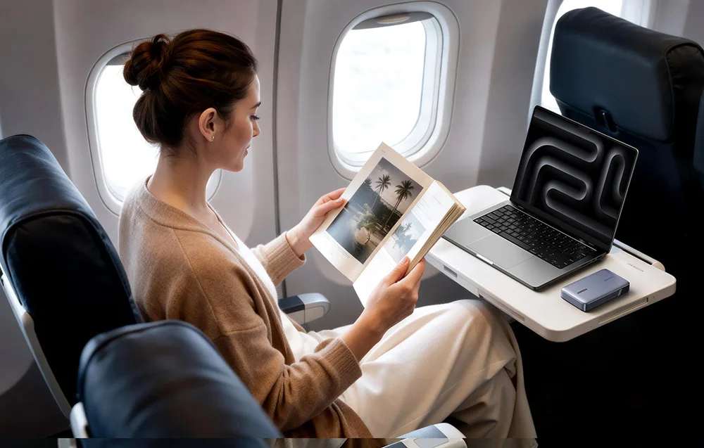 Woman reading on an airplane with a laptop and UGREEN power bank on the tray table
