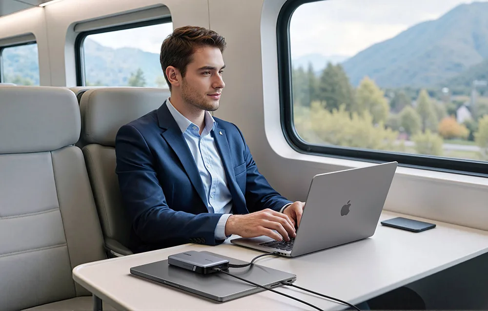 Man sitting on a train with laptops connected to the UGREEN power bank