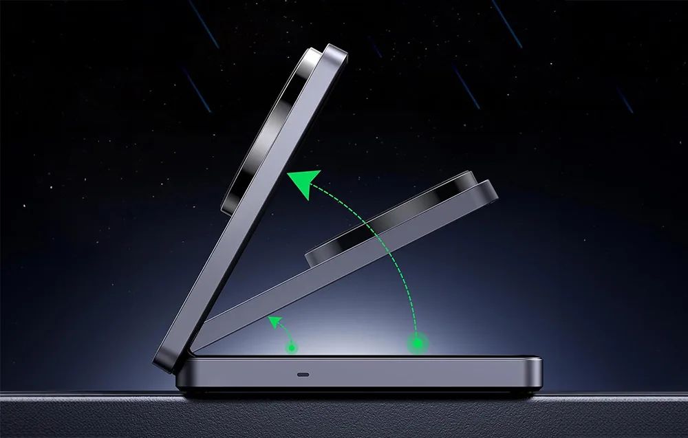 UGREEN W706 wireless charger with adjustable angle against a starry sky background
