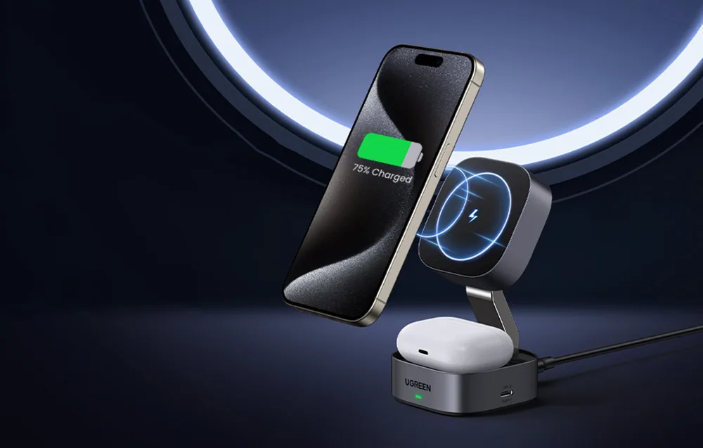 iPhone placed on the magnetic wireless charging stand