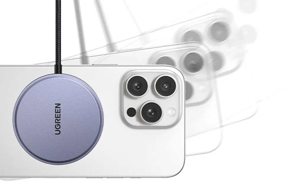UGREEN W703 MagSafe charger with strong magnetic attachment and 360 degree rotation