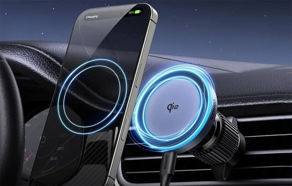 UGREEN W708 magnetic wireless charger installed on a car air vent