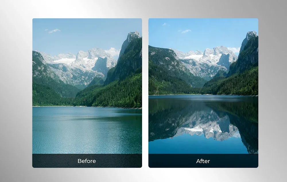 Before and after comparison showing reduced water glare and enhanced colors with the Freewell CPL filter