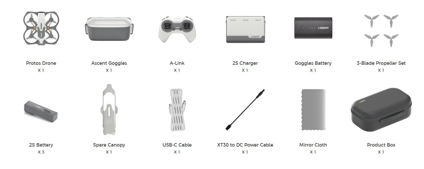 CaddxFPV Protos FPV RTF Fly More Combo box contents