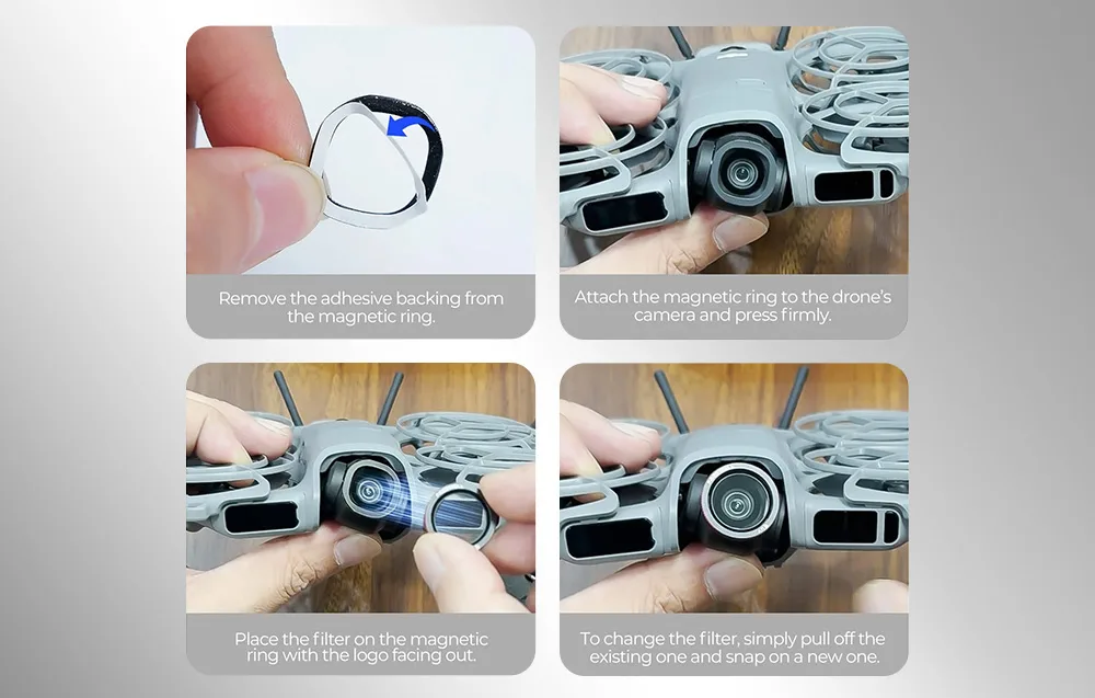 Instrukcja montażu filtrów magnetycznych na dronie DJI Neo 2 w 4 krokach.