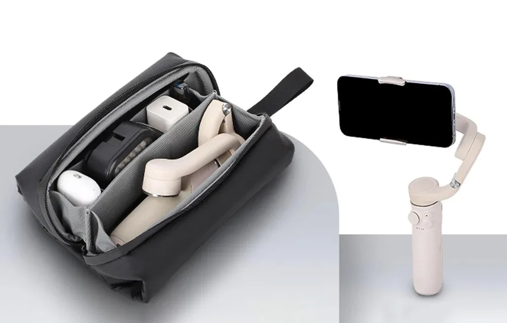 Open black Sunnylife bag with a white gimbal inside and another gimbal with smartphone next to it