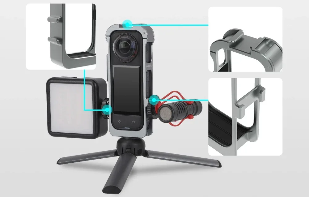 Kamera 360 stopni na statywie z akcesoriami i szarymi uchwytami pokazanymi w białych ramkach