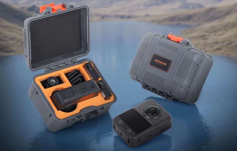 Sunnylife mini hard case for DJI Osmo 360 with camera gear by a mountain lake