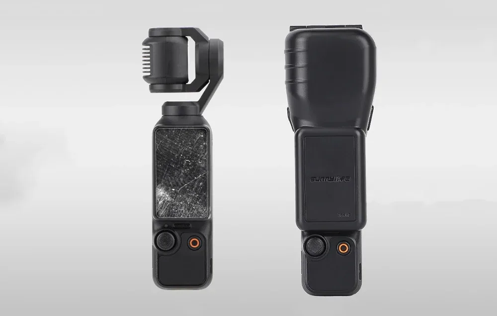 image39.jpg: Porównanie kamery DJI Pocket z pękniętym ekranem i tej samej kamery zabezpieczonej etui Sunnylife