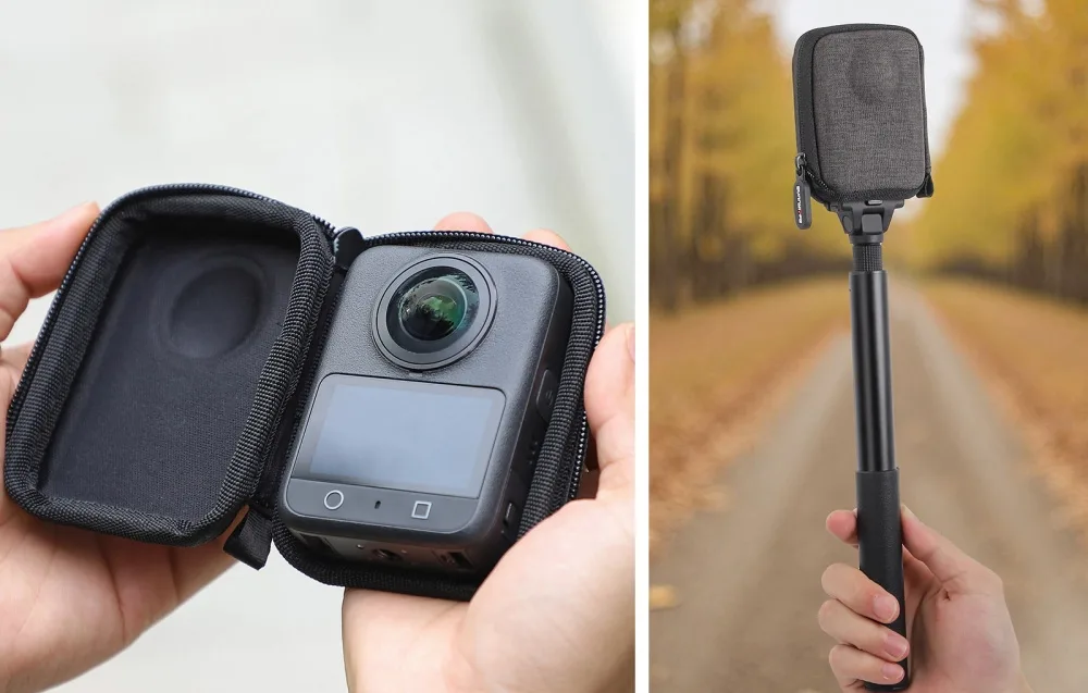 Open Sunnylife case with a panoramic camera inside and a case mounted on a selfie stick outdoors