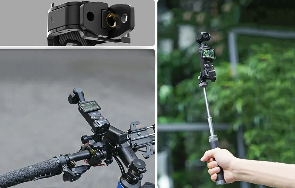 Kamera DJI Pocket zamontowana w uchwycie Sunnylife, pokazana z bliska, na kierownicy roweru oraz na wysięgniku trzymanym w dłoni