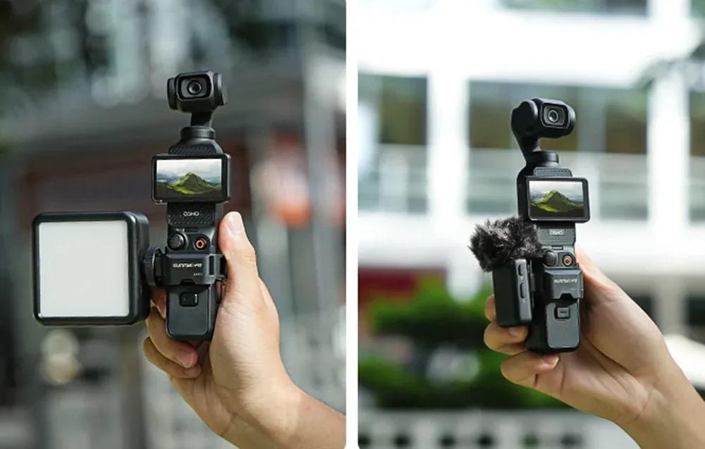 Kamera DJI Pocket trzymana w dłoni z zamontowaną lampą LED po lewej stronie oraz z mikrofonem z osłoną przeciwwietrzną po prawej