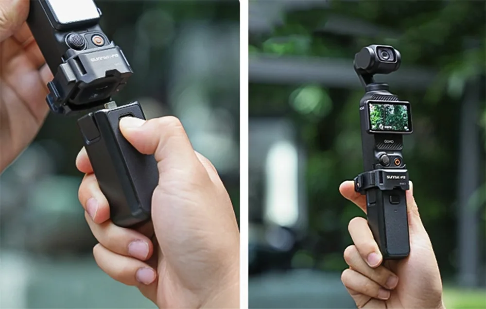 Kamera DJI Pocket montowana na uchwycie ręcznym z zatrzaskiem Sunnylife oraz widok gotowego zestawu trzymanego w dłoni