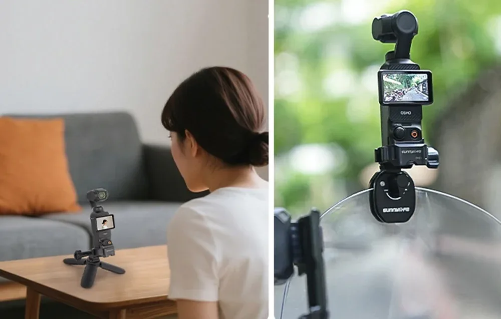 Kamera DJI Pocket na statywie przed kobietą siedzącą przy stole oraz zamontowana na szybie motocyklowej za pomocą uchwytu Sunnylife
