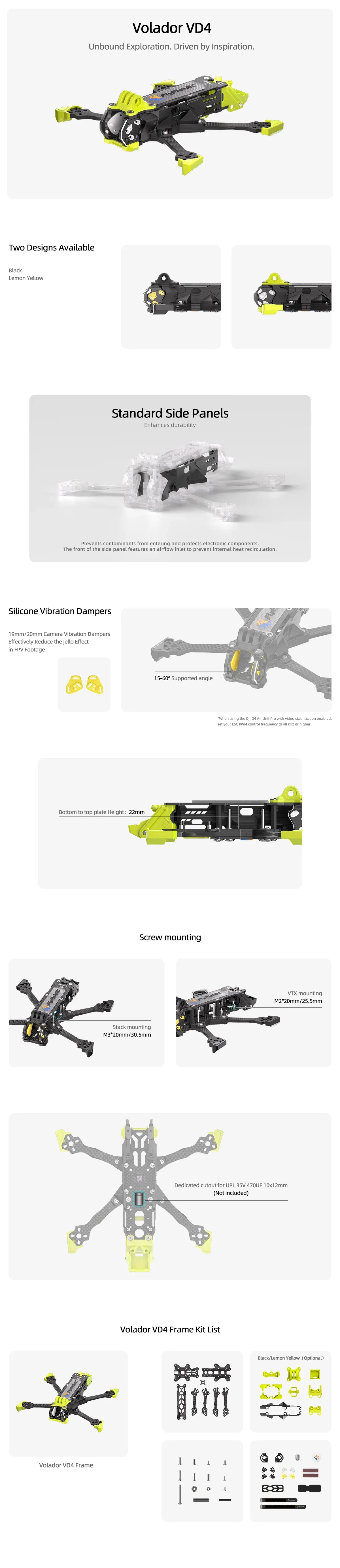 FlyFishRC Volador II VD4 O4 Pro Deadcat FPV LR Freestyle T700 frame in yellow