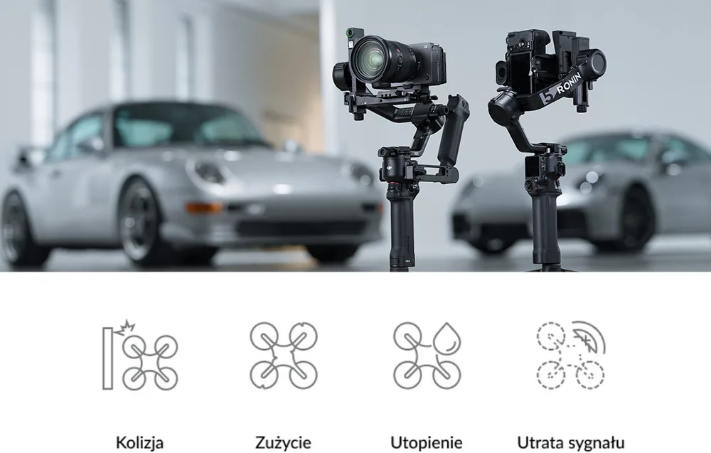 Two DJI gimbals with icons representing collision, wear, water damage, and signal loss