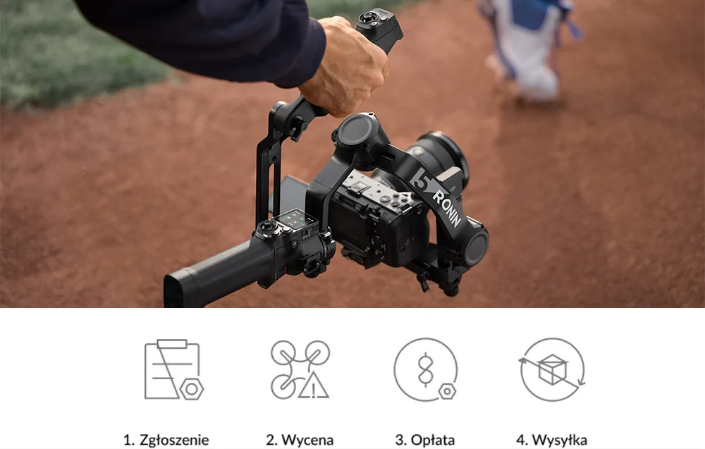 Top view of a camera on a gimbal with DJI service process icons