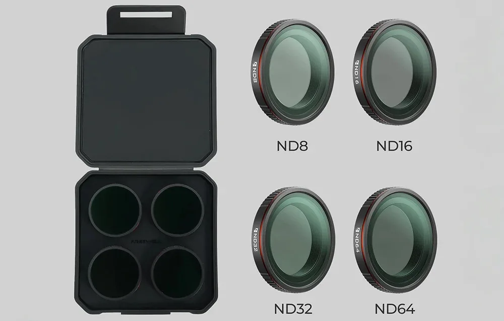 Otwarte etui ochronne z filtrami Freewell oraz zbliżenia czterech filtrów wchodzących w skład zestawu: ND8, ND16, ND32 i ND64.
