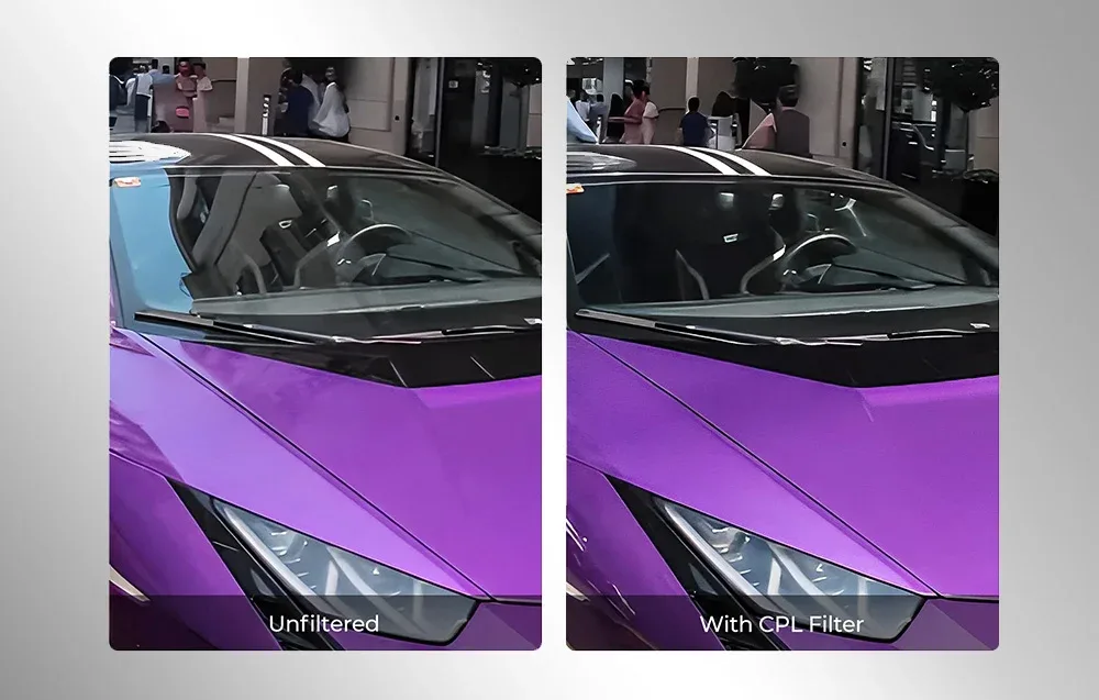 Before and after comparison showing reduced reflections on a car window with the Freewell CPL filter for DJI Osmo Nano.